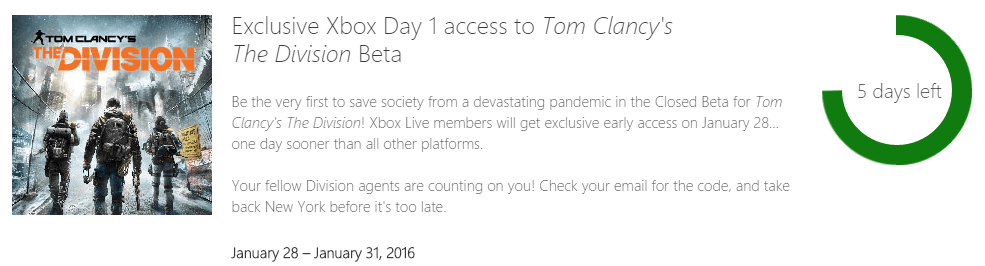 division beta voor xbox live rewards members